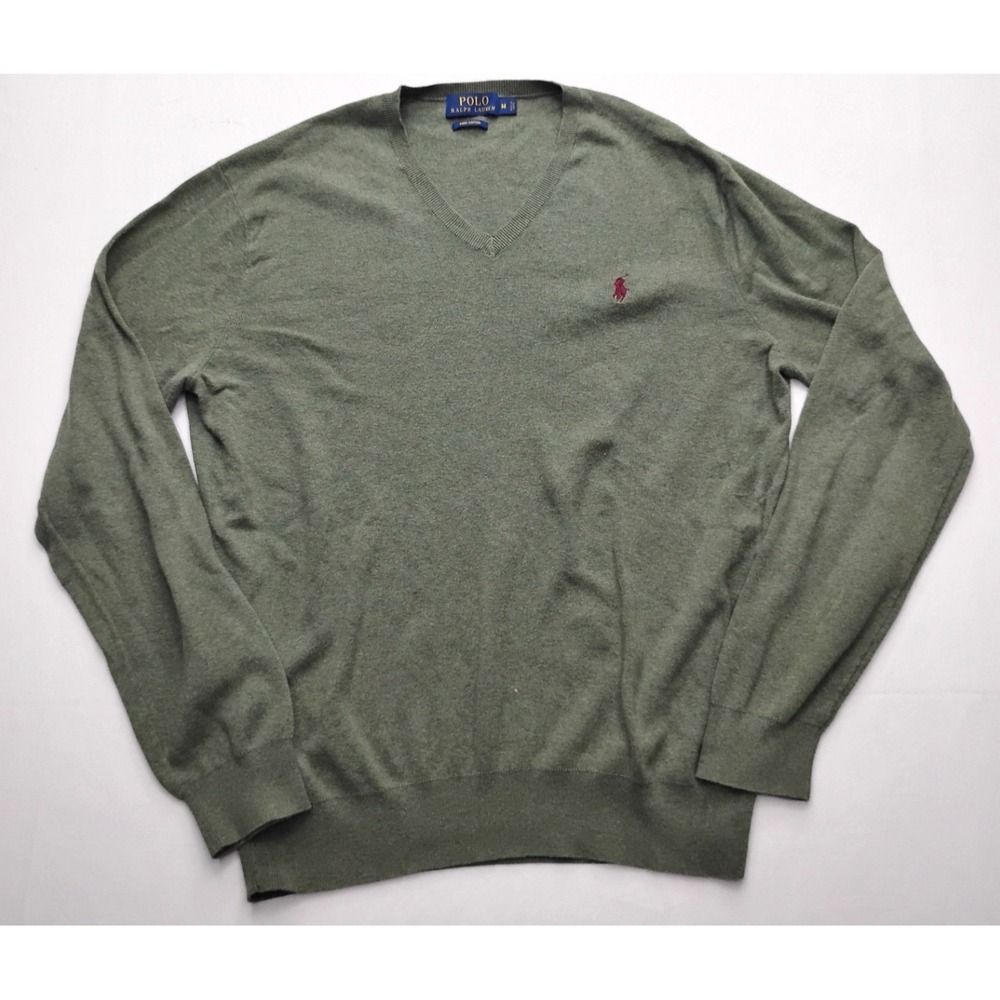 Polo Ralph Lauren V Neck Sweater‎ Mens M 100% Pima Cotton Classic Logo Green